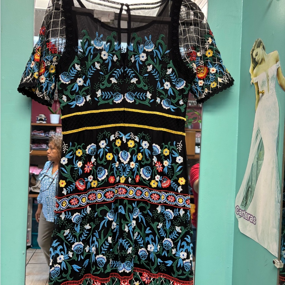 Anthropologie Black Floral Embroidered Dress